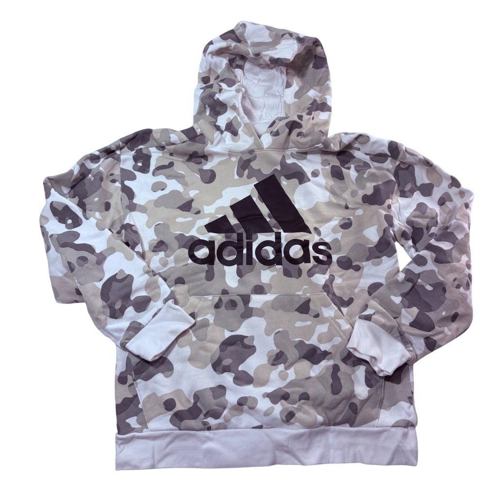 Adidas Boys Camo Hoodie Grey White Logo Pullover Sweatshirt Size L 14/16‎